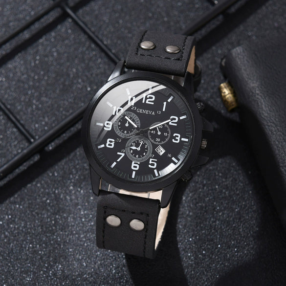 Alloy Imitation Leather Ordinary Glass Mirror Round Dial Men's Leisure Quartz Watch Set