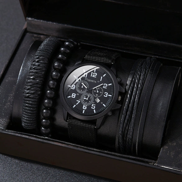 Alloy Imitation Leather Ordinary Glass Mirror Round Dial Men's Leisure Quartz Watch Set