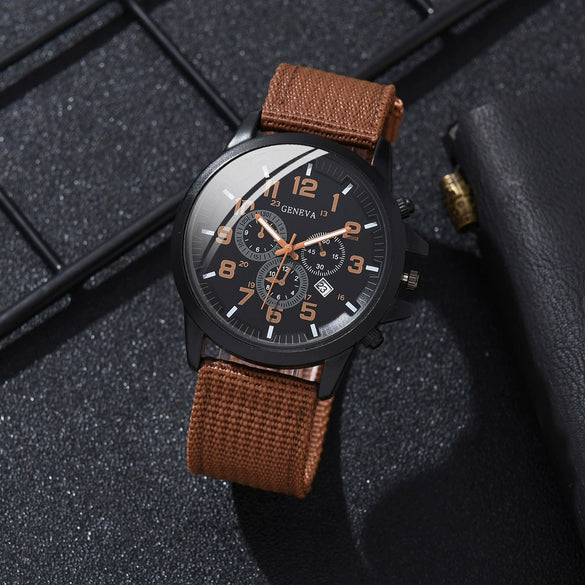 Alloy Imitation Leather Ordinary Glass Mirror Round Dial Men's Leisure Quartz Watch Set