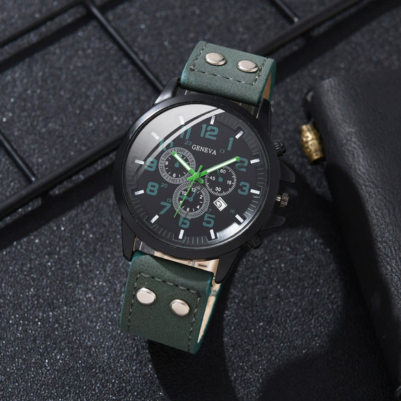 Alloy Imitation Leather Ordinary Glass Mirror Round Dial Men's Leisure Quartz Watch Set