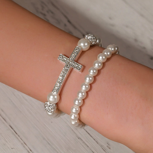 Alloy Imitation Pearl Geometric Style Handmade Cross Diamond Ball Bracelet