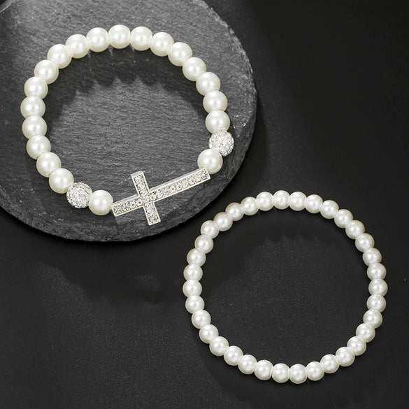 Alloy Imitation Pearl Geometric Style Handmade Cross Diamond Ball Bracelet