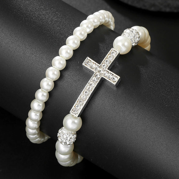 Alloy Imitation Pearl Geometric Style Handmade Cross Diamond Ball Bracelet