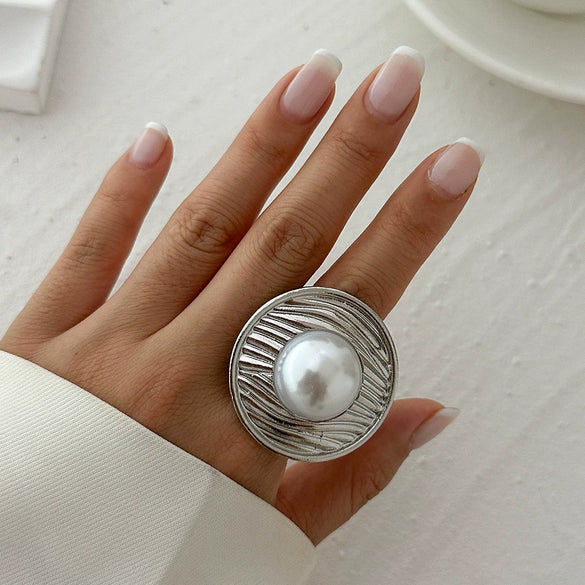 Alloy Imitation Pearl Open Ring Asymmetrical Cut Out Winding Geometric Niche Style Electroplated For Women