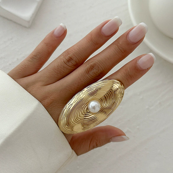 Alloy Imitation Pearl Open Ring Asymmetrical Cut Out Winding Geometric Niche Style Electroplated For Women
