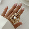 Alloy Imitation Pearl Open Ring Asymmetrical Cut Out Winding Geometric Niche Style Electroplated For Women