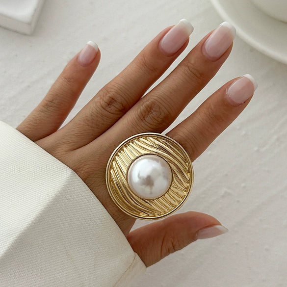 Alloy Imitation Pearl Open Ring Asymmetrical Cut Out Winding Geometric Niche Style Electroplated For Women