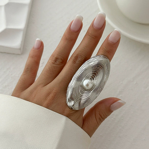 Alloy Imitation Pearl Open Ring Asymmetrical Cut Out Winding Geometric Niche Style Electroplated For Women