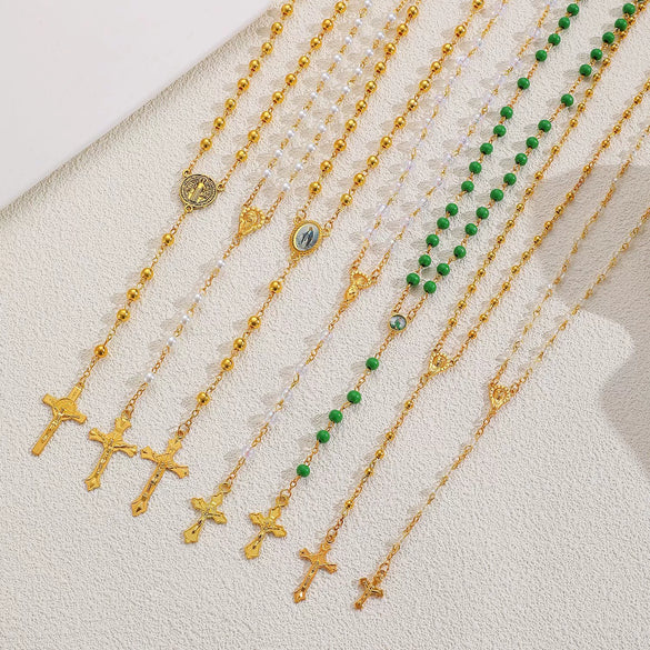 Alloy Imitation Pearl Virgin Cross Long Necklace With Electroplating For Women
