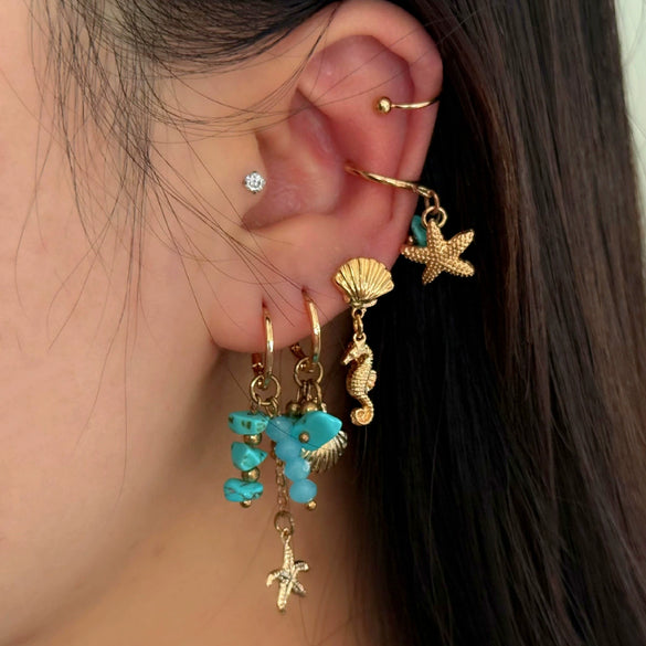 Alloy Imitation Turquoise Star Geometric Pendant Ear Bone Clip Earrings Set With Electroplating