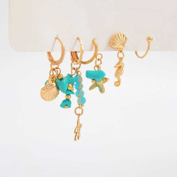 Alloy Imitation Turquoise Star Geometric Pendant Ear Bone Clip Earrings Set With Electroplating