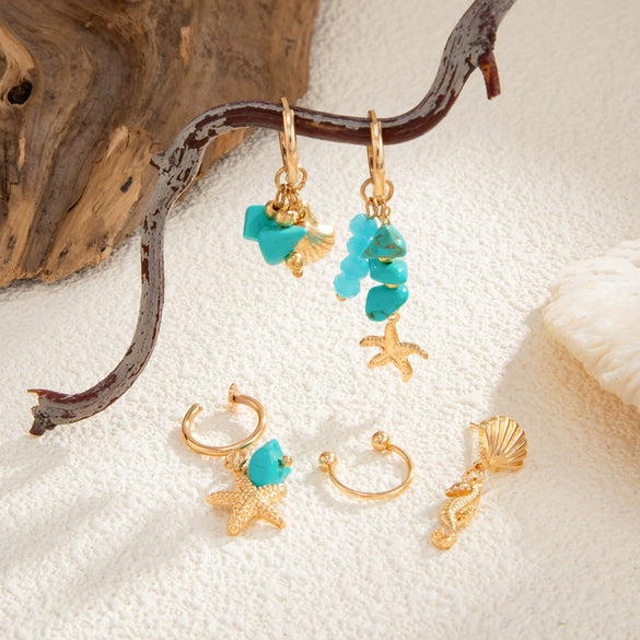Alloy Imitation Turquoise Star Geometric Pendant Ear Bone Clip Earrings Set With Electroplating
