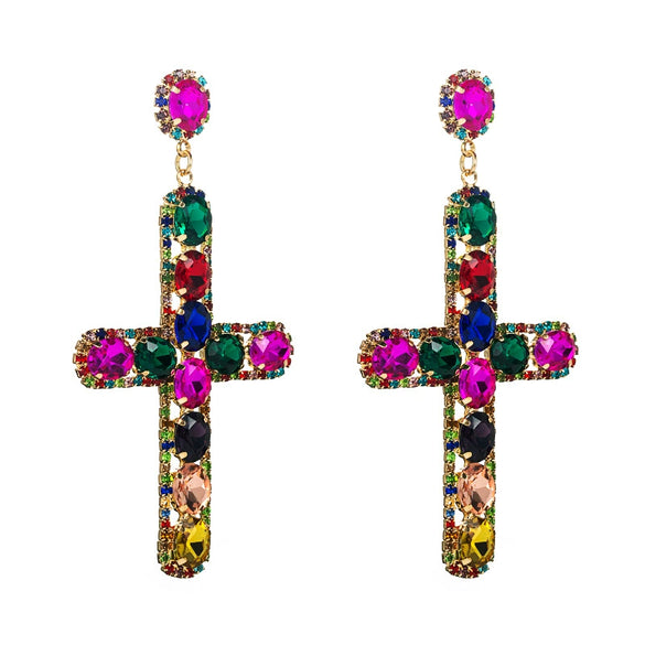 Alloy Inlaid Color Diamond Crossshaped Women's Highend Long Earrings