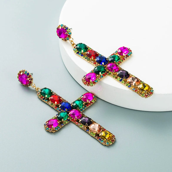 Alloy Inlaid Color Diamond Crossshaped Women's Highend Long Earrings