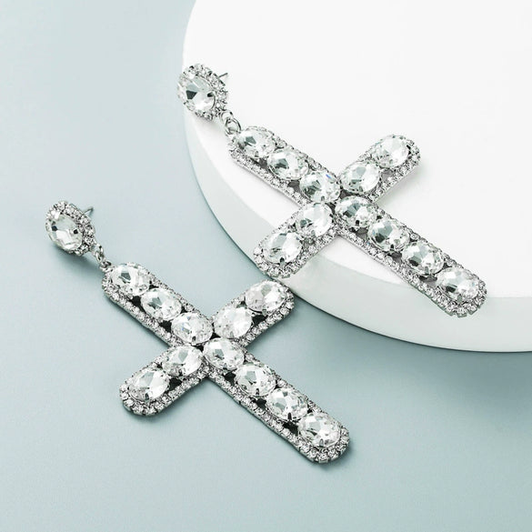 Alloy Inlaid Color Diamond Crossshaped Women's Highend Long Earrings
