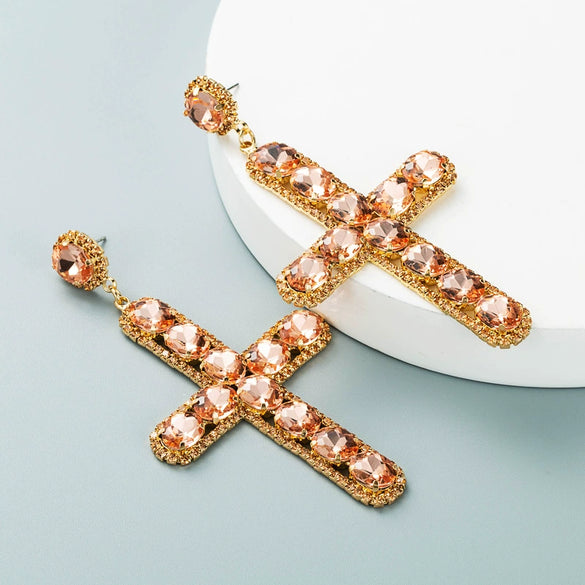Alloy Inlaid Color Diamond Crossshaped Women's Highend Long Earrings