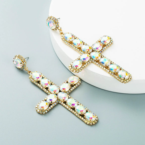 Alloy Inlaid Color Diamond Crossshaped Women's Highend Long Earrings