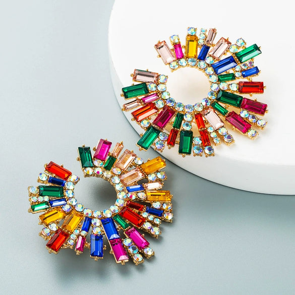 Alloy Inlaid Colorful Rhinestone Sunflower Earrings Set With Pearls