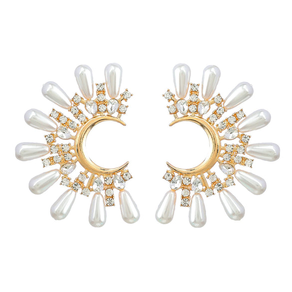 Alloy Inlaid Diamond And Pearl Halfmoon Flower Earrings For Women