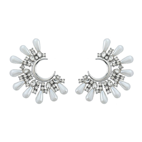 Alloy Inlaid Diamond And Pearl Halfmoon Flower Earrings For Women
