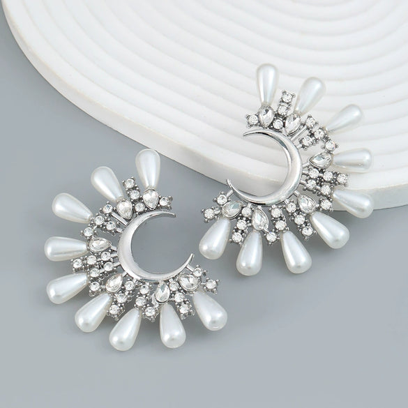 Alloy Inlaid Diamond And Pearl Halfmoon Flower Earrings For Women