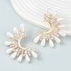 Alloy Inlaid Diamond And Pearl Halfmoon Flower Earrings For Women