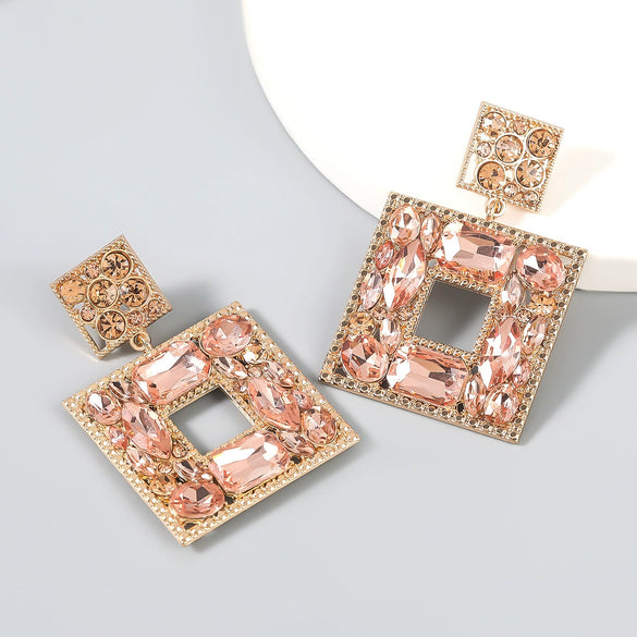 Alloy Inlaid Diamond Glass Multilayer Square Geometric Earrings Women's Fashion
