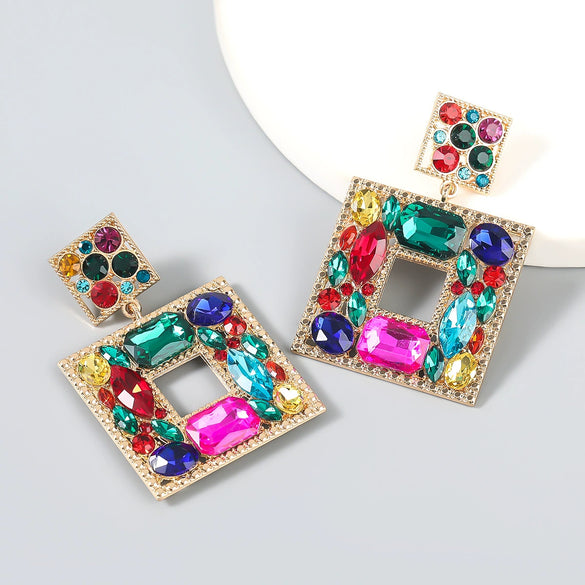 Alloy Inlaid Diamond Glass Multilayer Square Geometric Earrings Women's Fashion