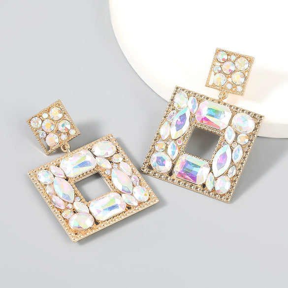 Alloy Inlaid Diamond Glass Multilayer Square Geometric Earrings Women's Fashion