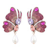 Alloy Inlaid Pearl Earrings With Colored Diamond And Butterfly Design For Women