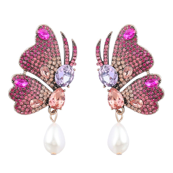Alloy Inlaid Pearl Earrings With Colored Diamond And Butterfly Design For Women
