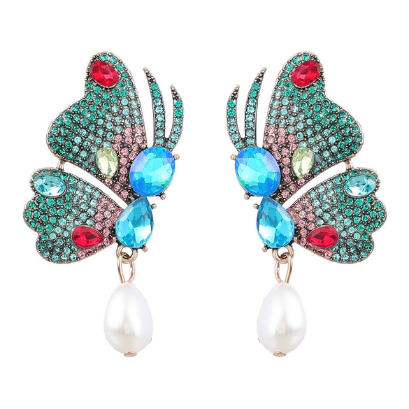 Alloy Inlaid Pearl Earrings With Colored Diamond And Butterfly Design For Women