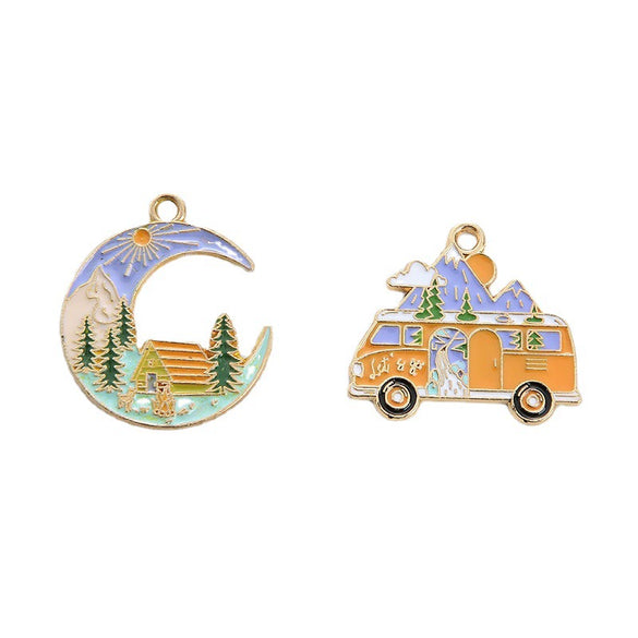 Alloy Jewelry Accessories With Moon Car House Forest Cartoon Pendant And Dripping Oil Design