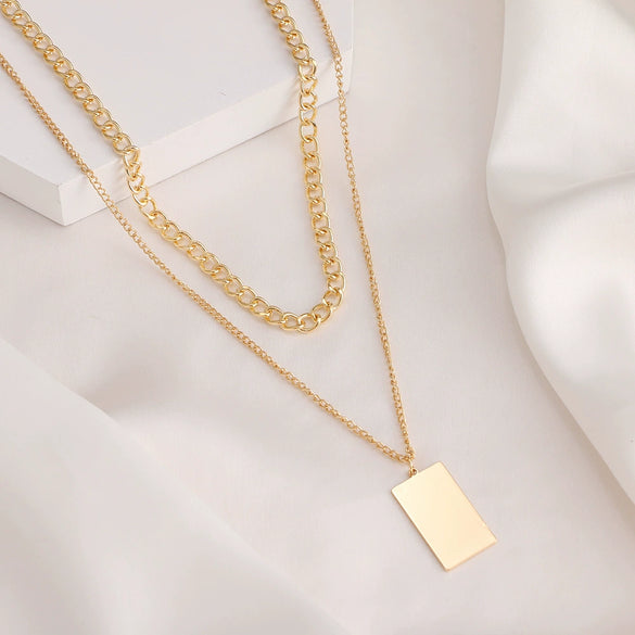 Alloy Jewelry Double Layer Small Square Pendant Necklace With Geometric Pattern And Ball Chain Electroplated Ins Style
