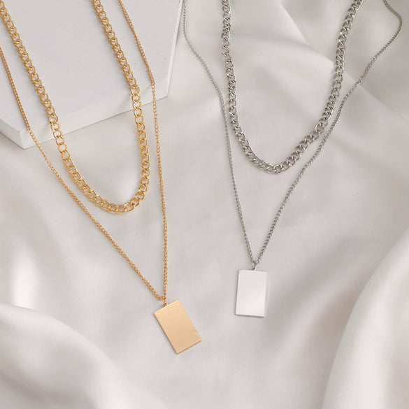 Alloy Jewelry Double Layer Small Square Pendant Necklace With Geometric Pattern And Ball Chain Electroplated Ins Style
