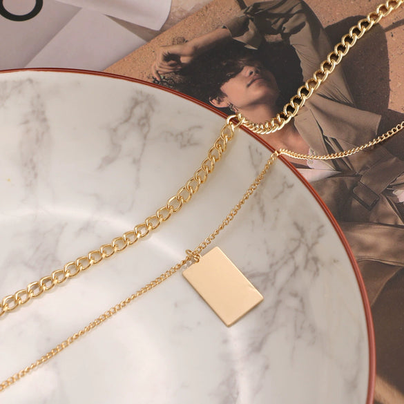 Alloy Jewelry Double Layer Small Square Pendant Necklace With Geometric Pattern And Ball Chain Electroplated Ins Style