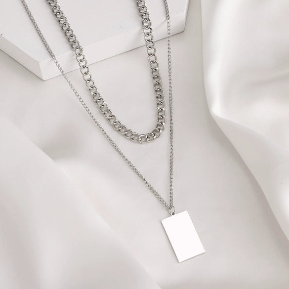 Alloy Jewelry Double Layer Small Square Pendant Necklace With Geometric Pattern And Ball Chain Electroplated Ins Style