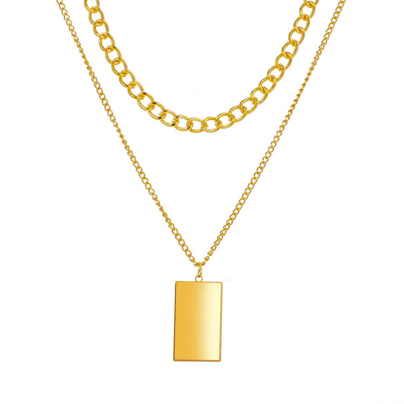 Alloy Jewelry Double Layer Small Square Pendant Necklace With Geometric Pattern And Ball Chain Electroplated Ins Style