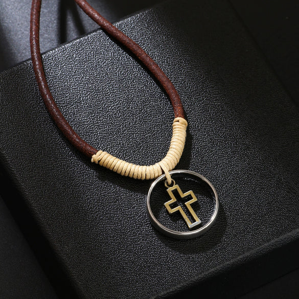 Alloy Jewelry Geometric Retro Style Hollow Cross Doublering Pendant Electroplated Couple Necklace