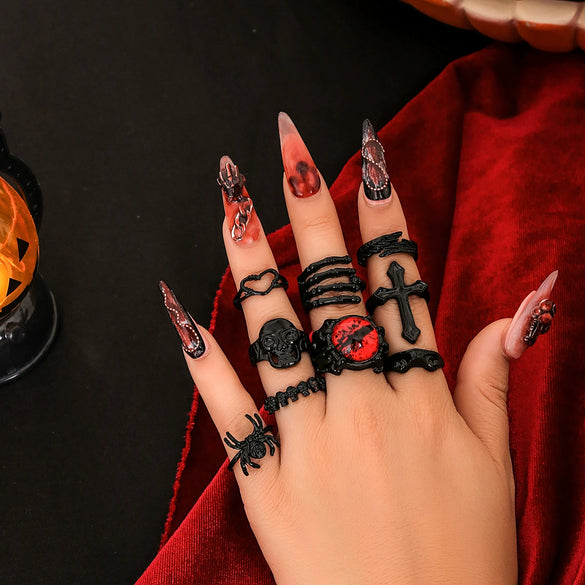 Alloy Jewelry Ghost Skull Spider Cross Ring Set With Geometric Animal Zodiac Pattern And Electroplating Treatment For Women
