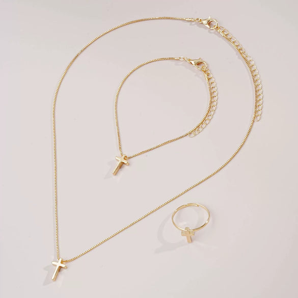 Alloy Jewelry Set With Cross Crown Roman Numeral Pattern Electroplated For Women