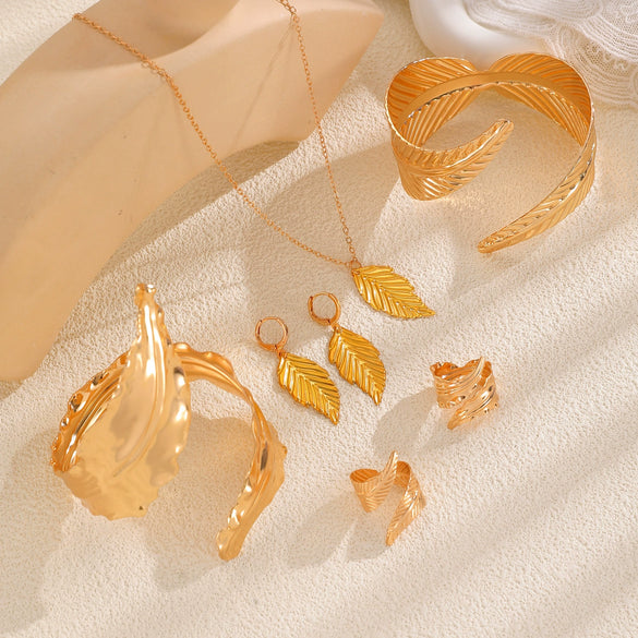 Alloy Jewelry Set With Flower Pattern For Women Electroplated Leaf Earrings Necklace And Bracelet Ring