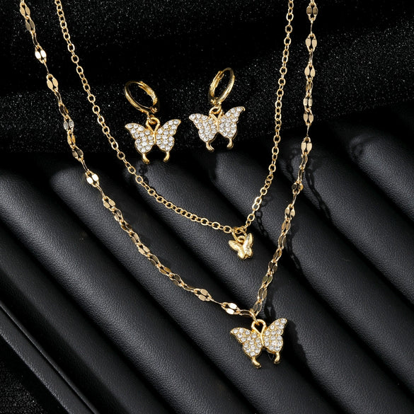 Alloy Jewelry Set With Micro Inlaid Zircon Double Butterfly Love Heart Water Drop Bell Design For Ladies