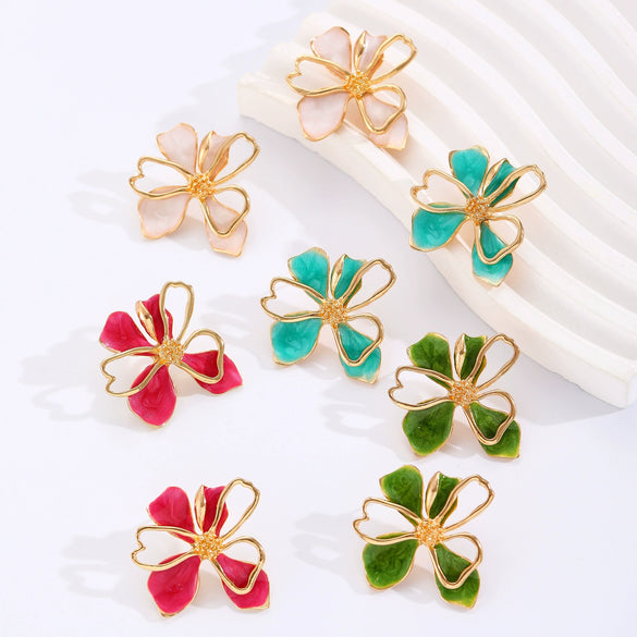 Alloy 14K Gold Electroplated Doublelayer Flower Petal Women's Retro Sweet Earrings