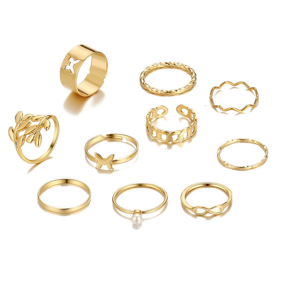 Alloy Leaf And Butterfly Ring Set Unisex Antique Style Set With Pearls