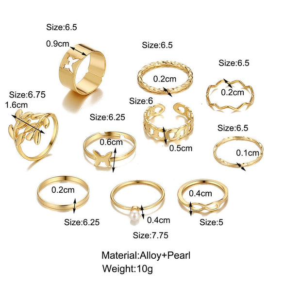 Alloy Leaf And Butterfly Ring Set Unisex Antique Style Set With Pearls