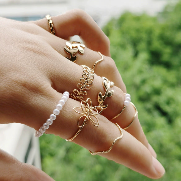 Alloy Leaf And Butterfly Ring Set Unisex Antique Style Set With Pearls