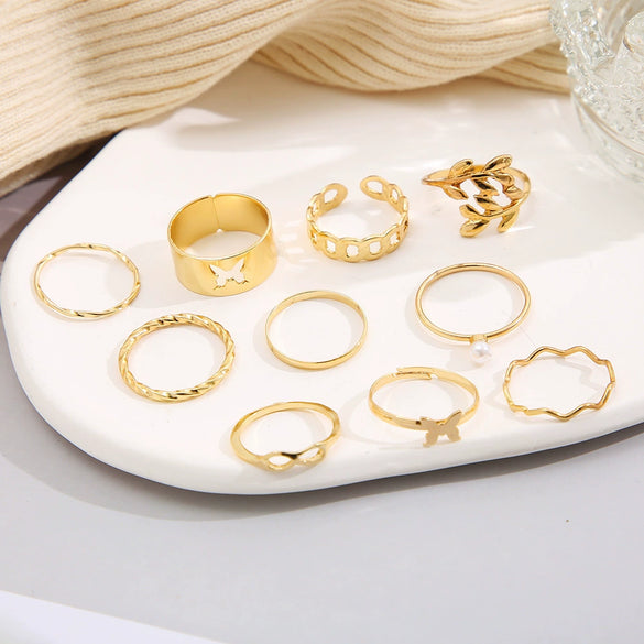 Alloy Leaf And Butterfly Ring Set Unisex Antique Style Set With Pearls