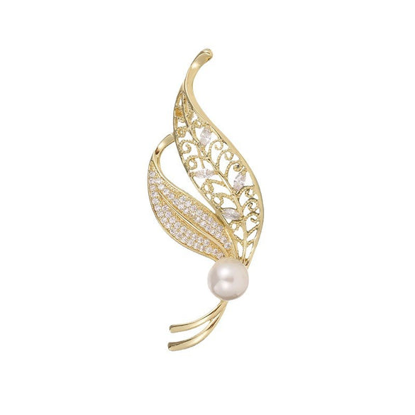 Alloy Leaf Brooch With Pearl Rhinestone Flower Design For Women's Suits Electroplated