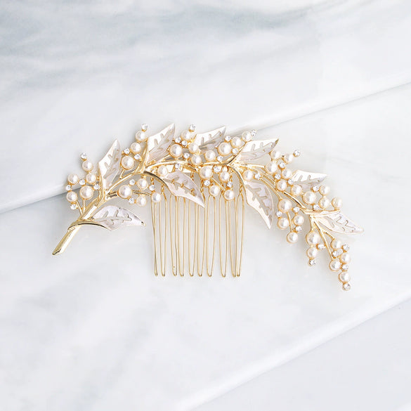 Alloy Leaf Pearl Rhinestone Diamond Hair Comb For Bride Wedding Headwear Retro Style